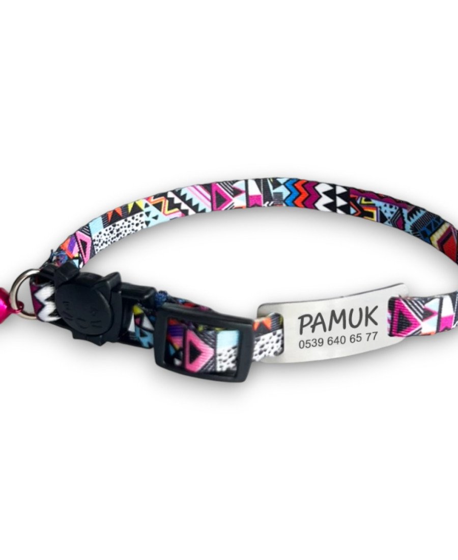 Safety Click Etnik Desenli Baskılı Kedi Tasması Metal Künyeli