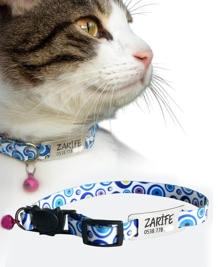 Safety Click Nazarlık Desenli Baskılı Kedi Tasması Metal Künyeli