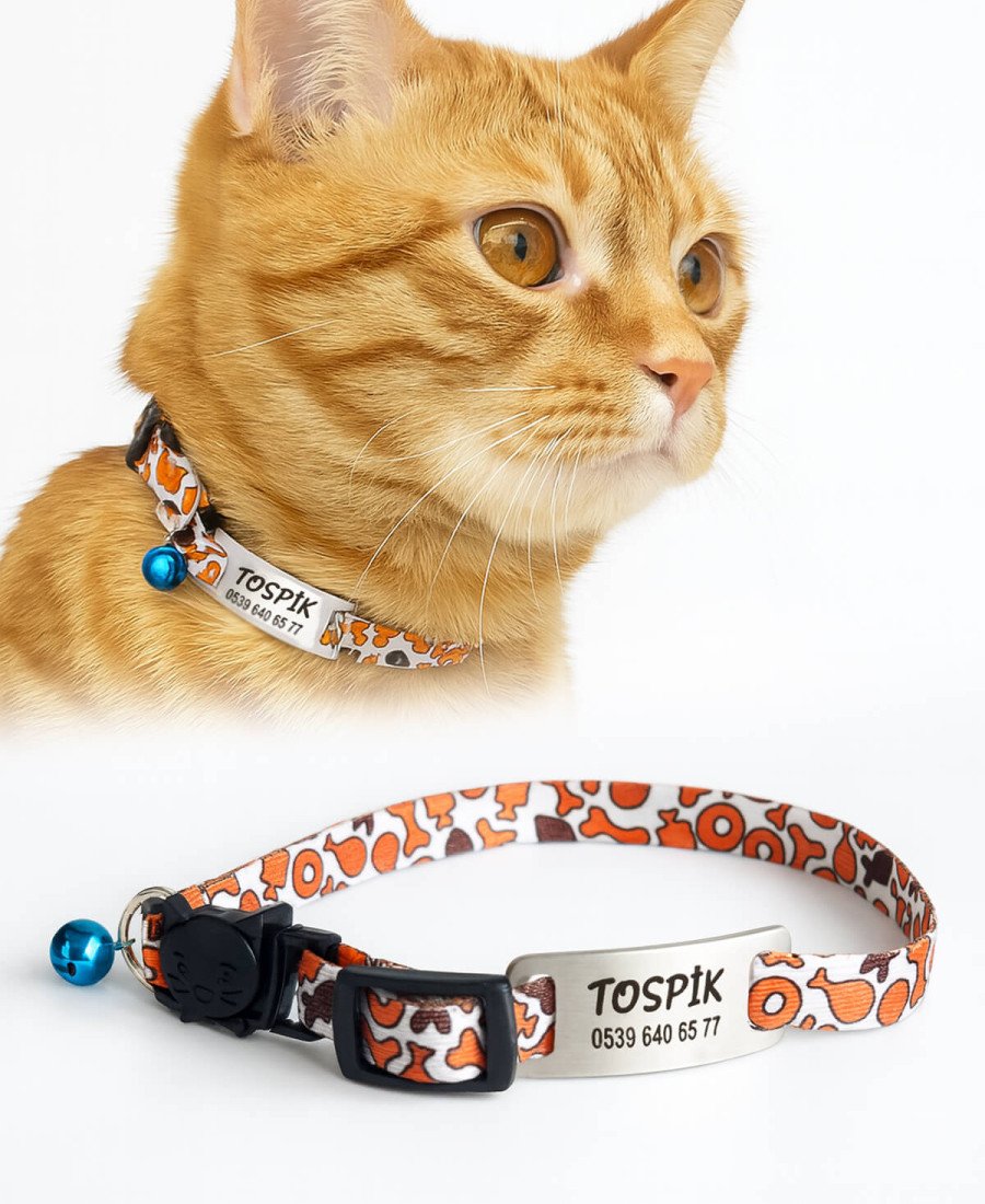 Safety Click Kemik Desenli Baskılı Kedi Tasması Metal Künyeli