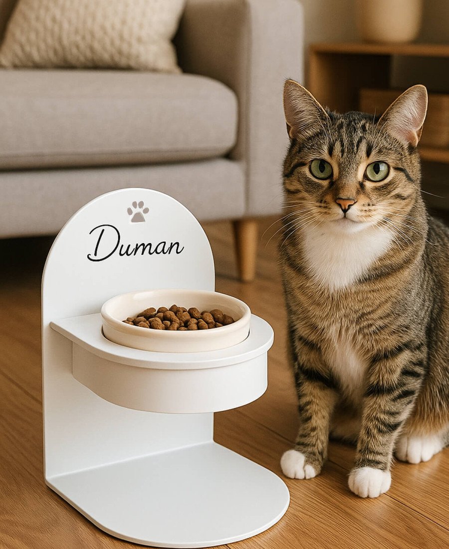 Ayarlanabilir Metal Mama Standı Beyaz Seramik Kase