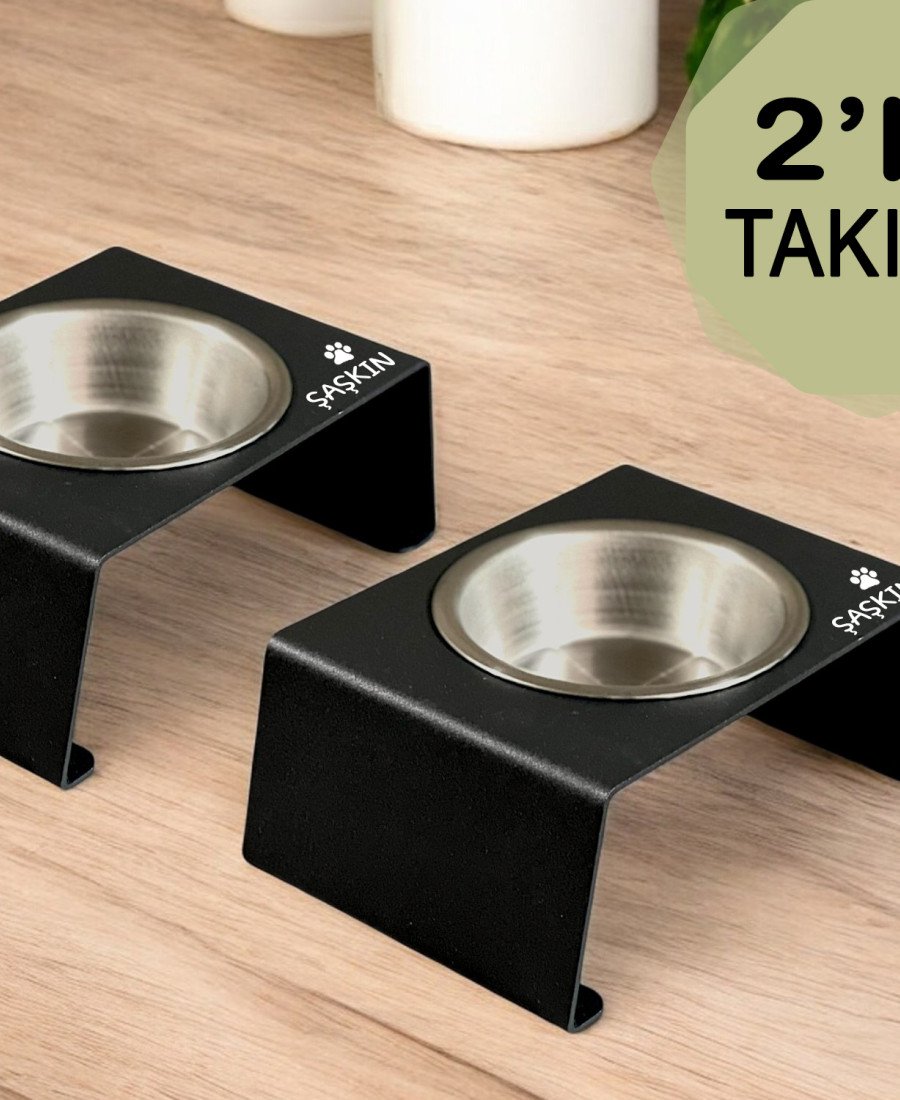 2 Takım Premium Tek Kaseli Metal Mama Kabı Siyah