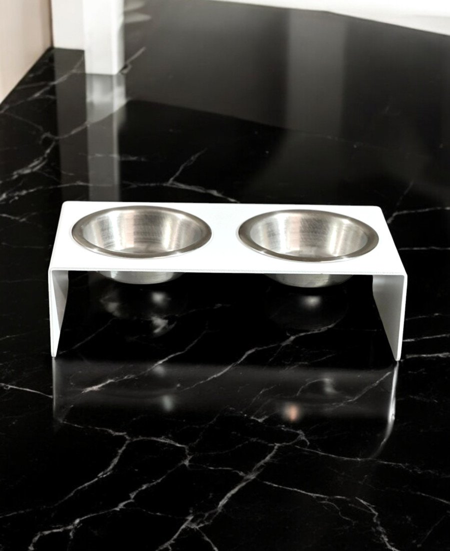 Düz Ayak Metal Mama Kabı Mat Beyaz Çelik Kaseli