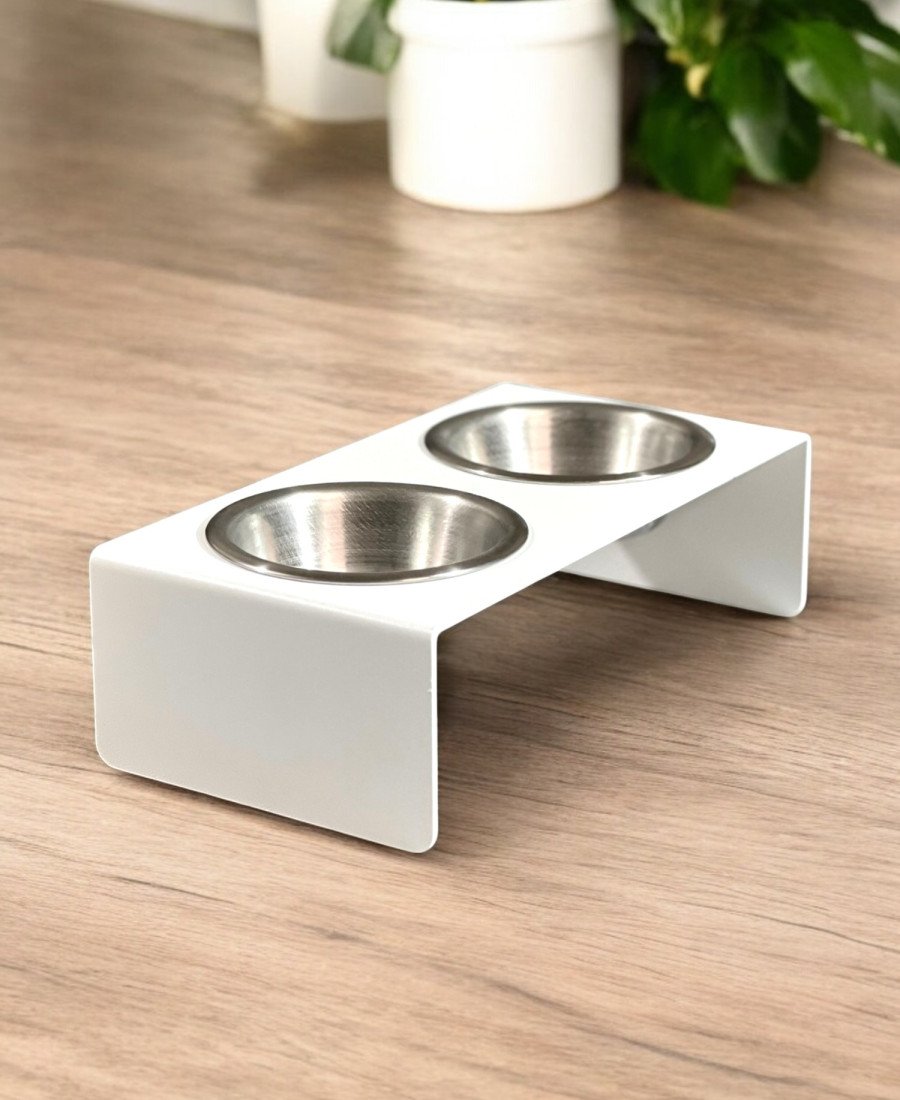 Düz Ayak Metal Mama Kabı Mat Beyaz Çelik Kaseli