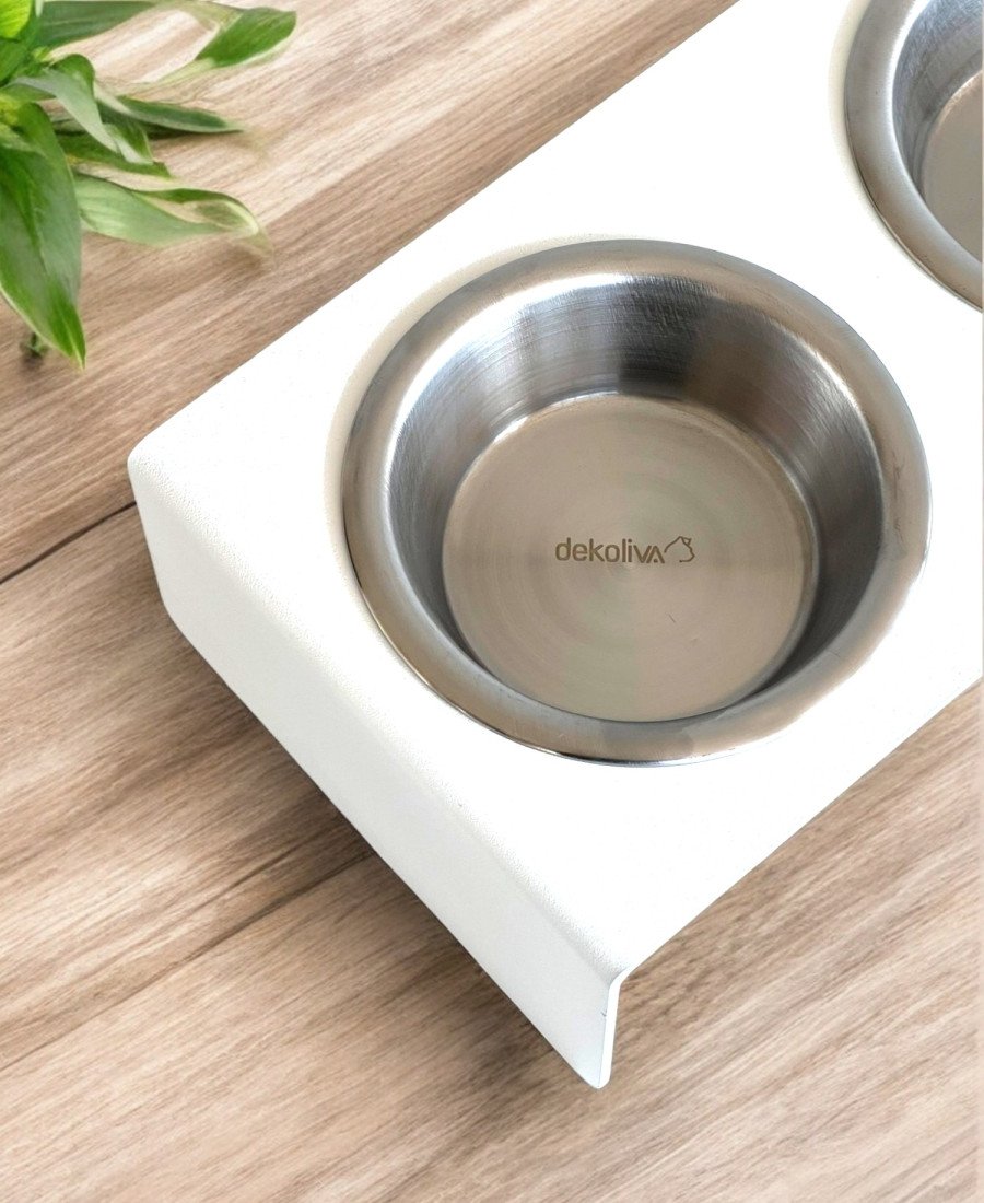 Düz Ayak Metal Mama Kabı Mat Beyaz Çelik Kaseli