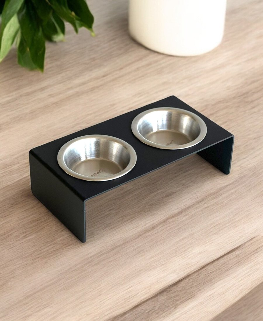 Düz Ayak Metal Mama Kabı Mat Siyah Çelik Kaseli