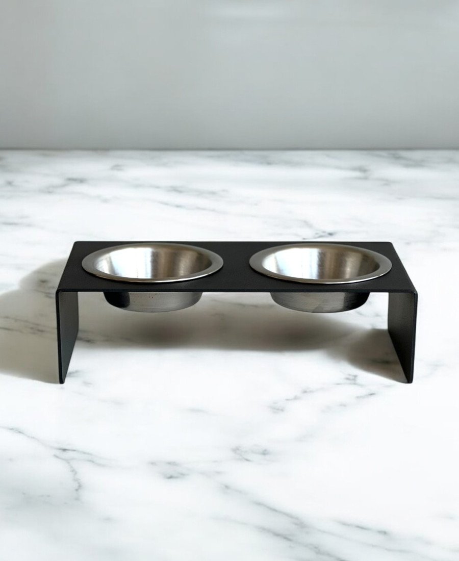 Düz Ayak Metal Mama Kabı Mat Siyah Çelik Kaseli