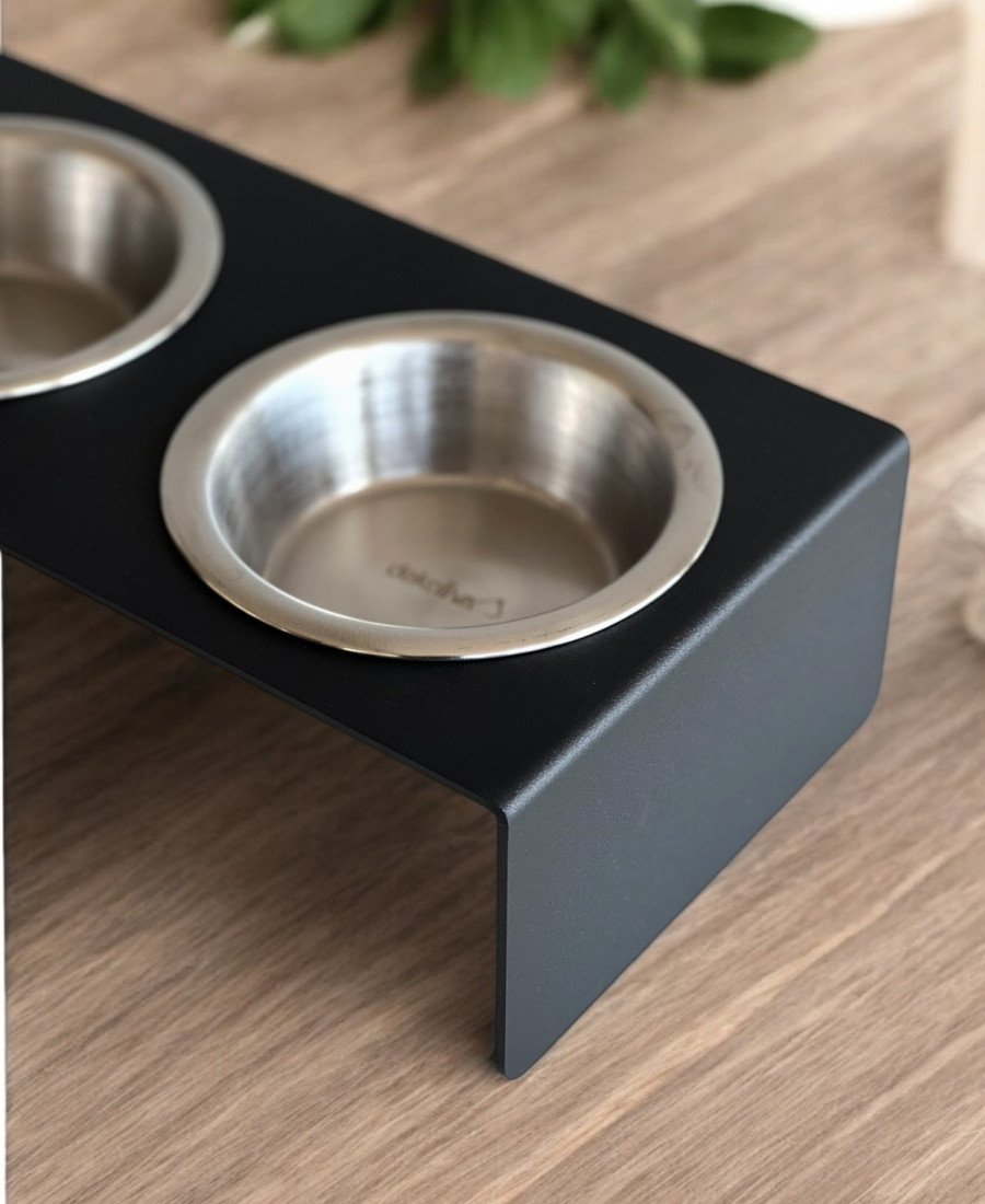 Düz Ayak Metal Mama Kabı Mat Siyah Çelik Kaseli