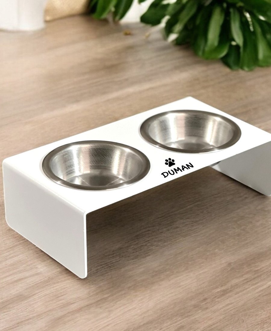 Düz Ayak Metal Mama Kabı Mat Beyaz Çelik Kaseli