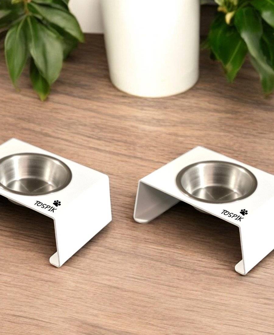 2 Takım Premium Tek Kaseli Metal Mama Kabı Beyaz