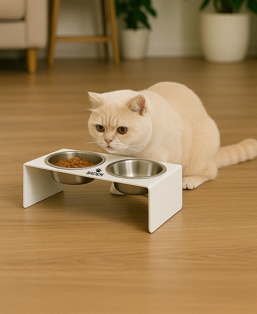 Düz Ayak Metal Mama Kabı Mat Beyaz Çelik Kaseli