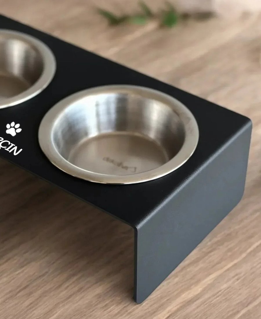 Düz Ayak Metal Mama Kabı Mat Siyah Çelik Kaseli