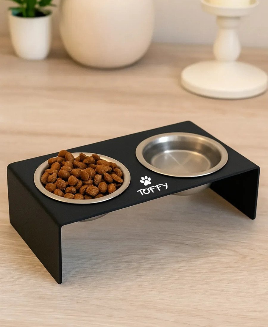 Düz Ayak Metal Mama Kabı Mat Siyah Çelik Kaseli