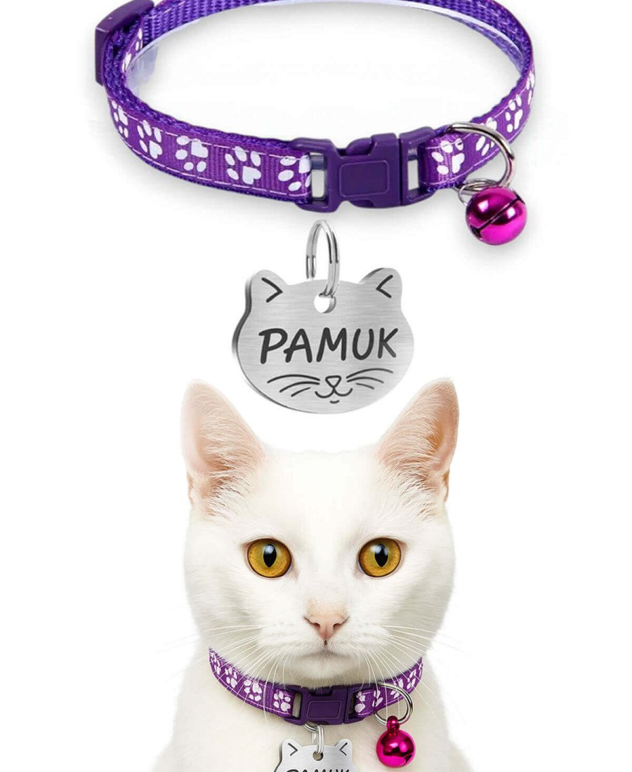 Kediler İçin Metal Künye ve Mor Tasma