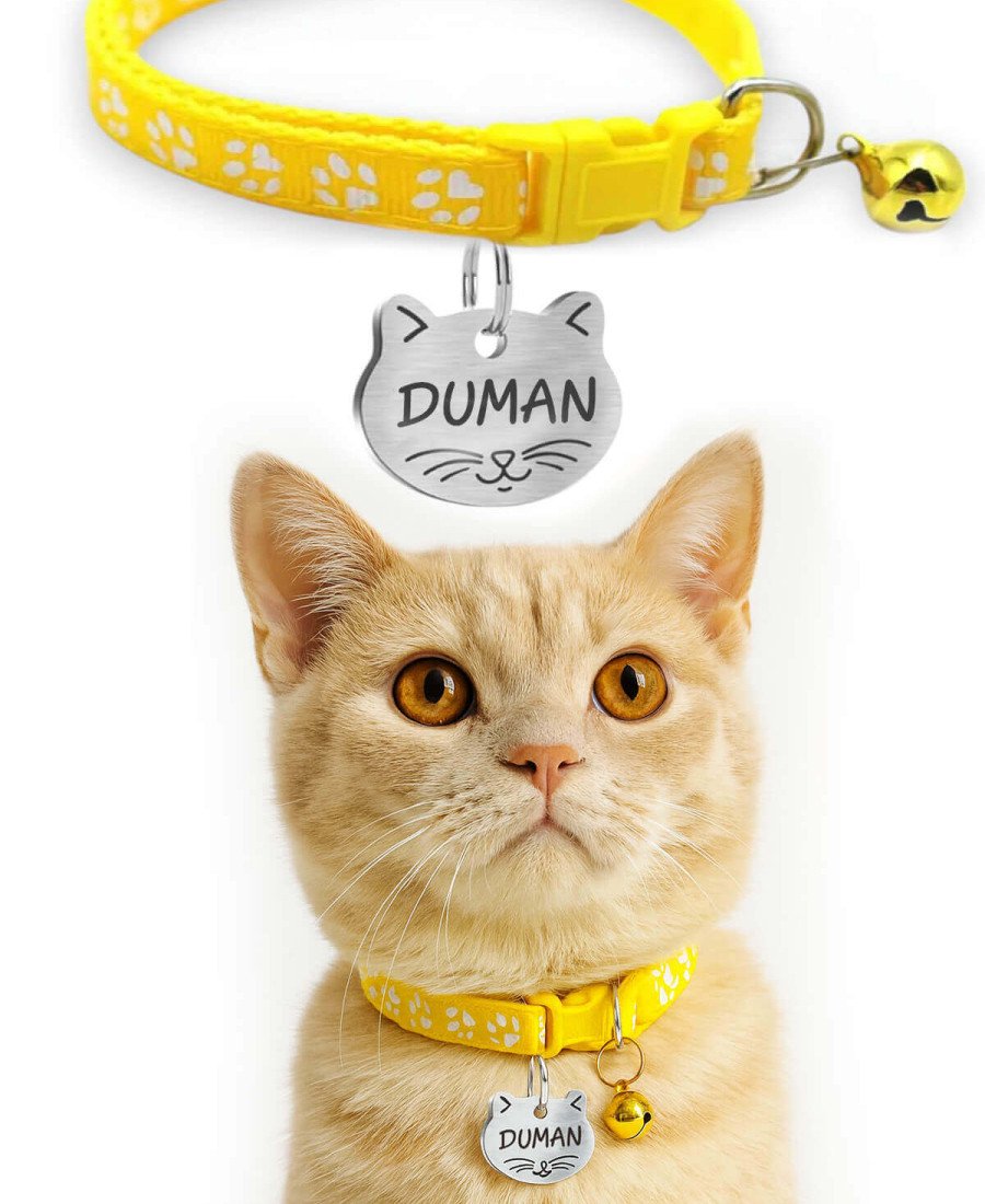 Kediler İçin Metal Künye ve Sarı Tasma