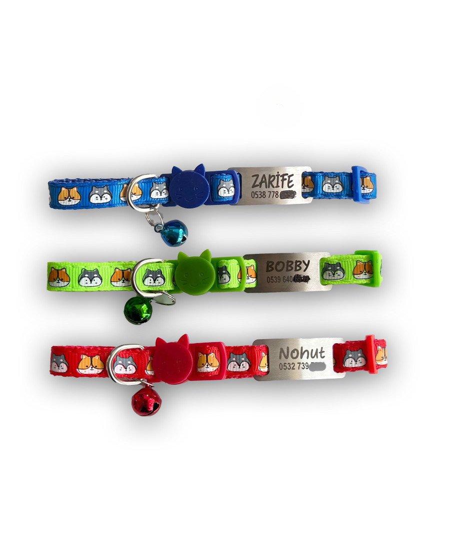 Safety Click Kedi Kafası Desenli Metal Künye ve Tasma Sallanmayan Tasma