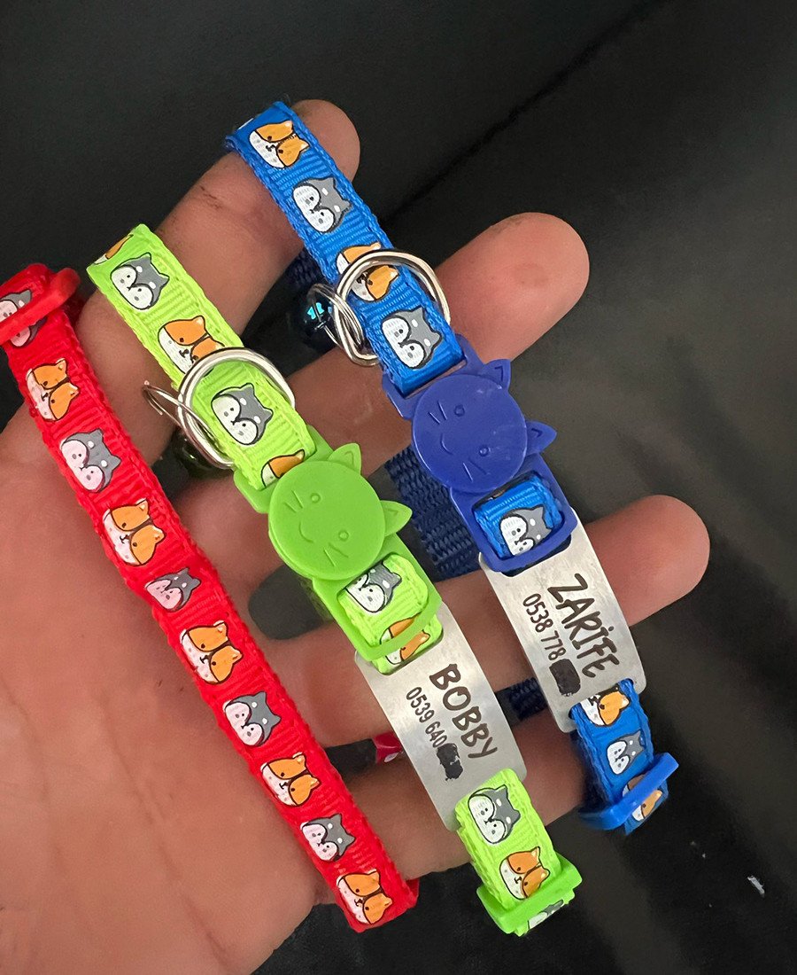 Safety Click Kedi Kafası Desenli Metal Künye ve Tasma Sallanmayan Tasma