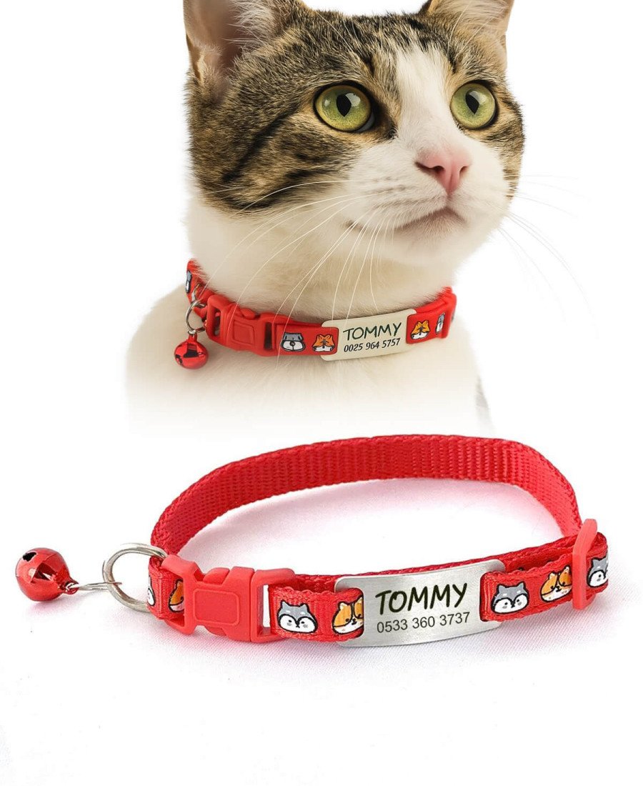 Kırmızı Kedi Kafası Desenli Metal Künye ve Tasma Sallanmayan Tasma