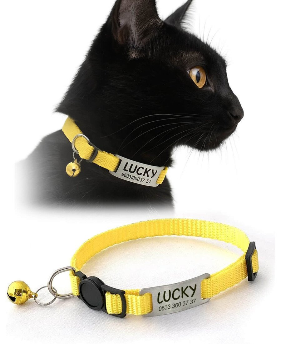 Düz Sarı Safety Click Tasma İsimlikli Güvenlik Kilitli Sallanmayan Tasma 