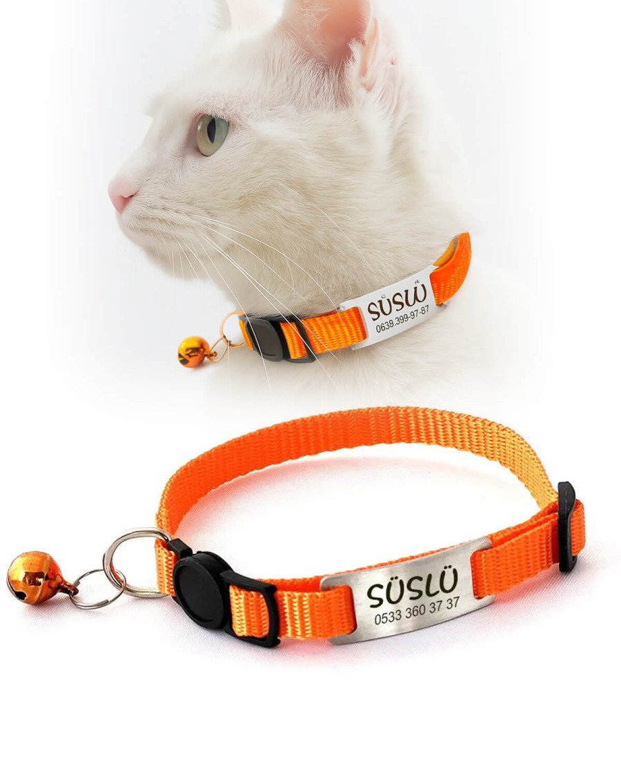 Düz Turuncu Safety Click Tasma İsimlikli Güvenlik Kilitli Sallanmayan Tasma 