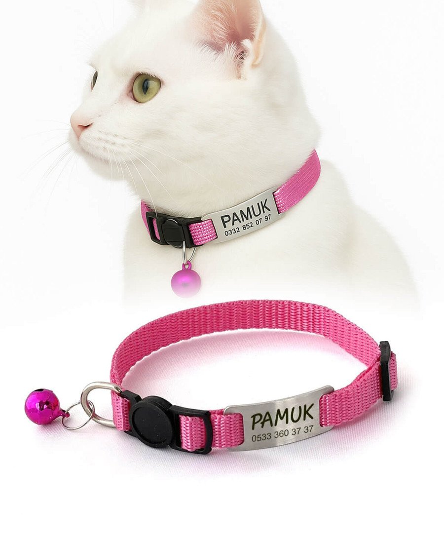 Düz Pembe Safety Click Tasma İsimlikli Güvenlik Kilitli Sallanmayan Tasma 