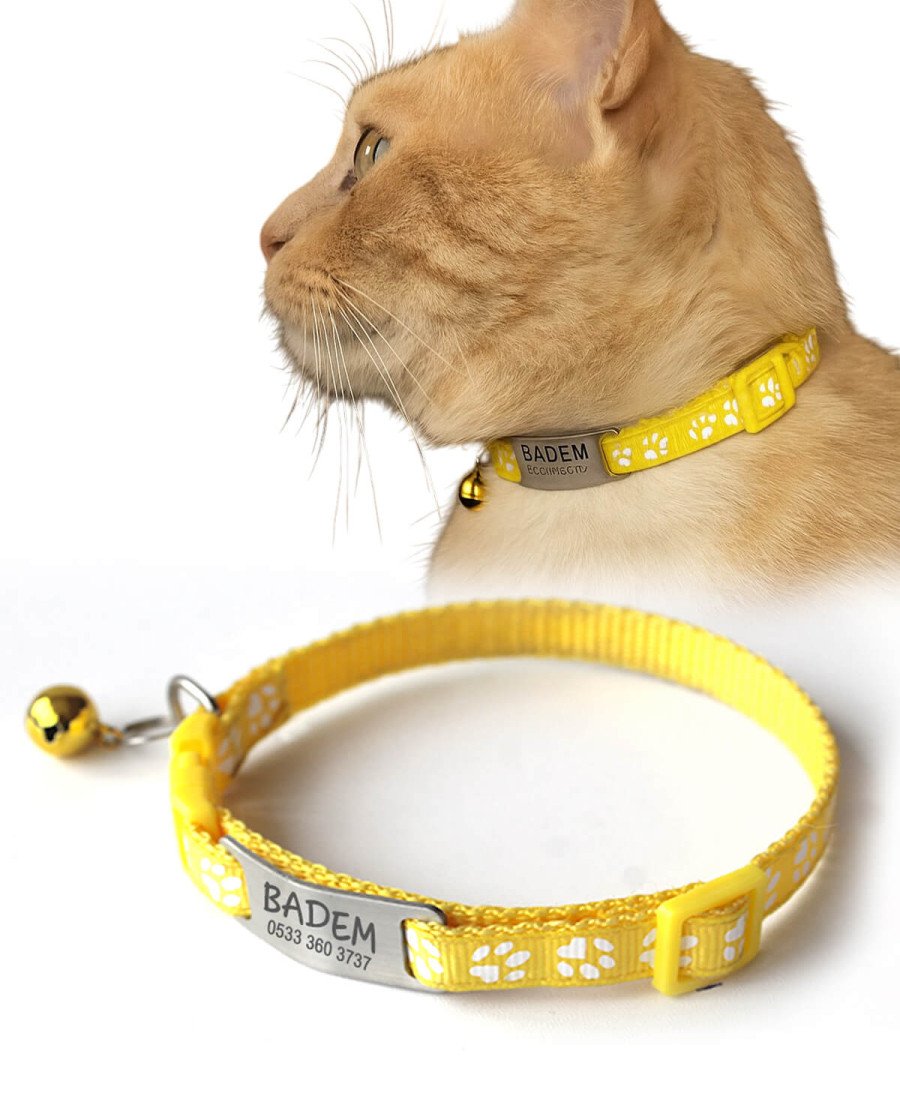 Kediler İçin Metal Künye ve Sarı Tasma Sallanmayan Tasma