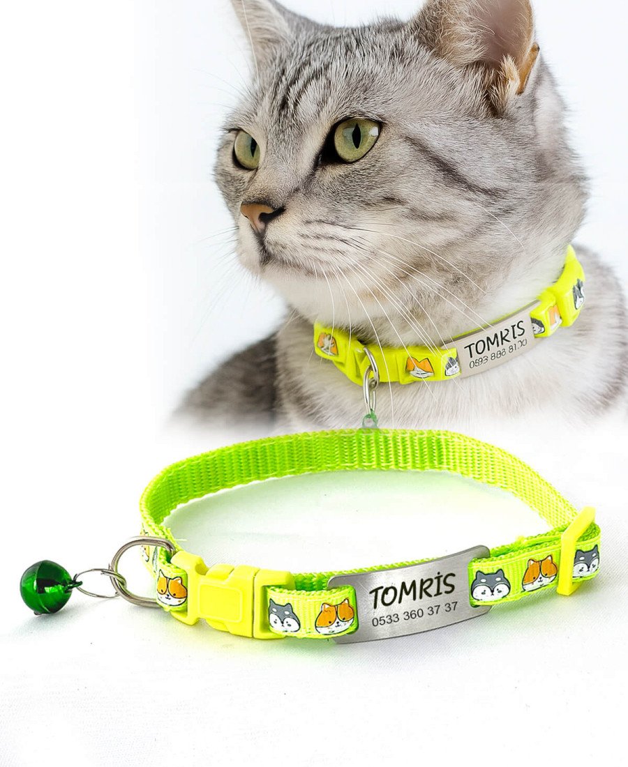 Yeşil Kedi Kafası Desenli Metal Künye ve Tasma Sallanmayan Tasma