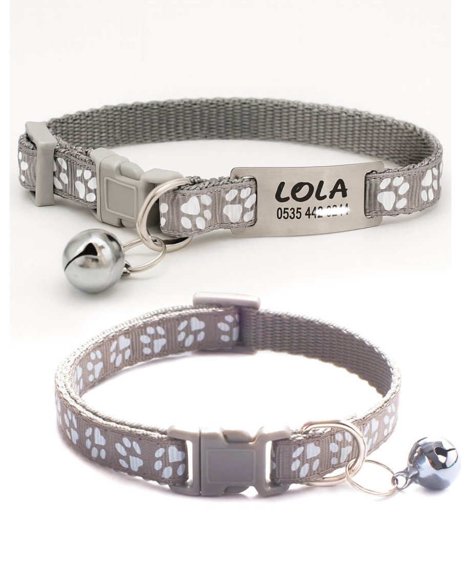 Gri Renk Kediler İçin Metal Künye ve Tasma Sallanmayan Tasma