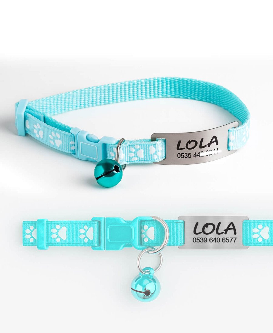 Buz Mavisi Kediler İçin Metal Künye ve Tasma Sallanmayan Tasma