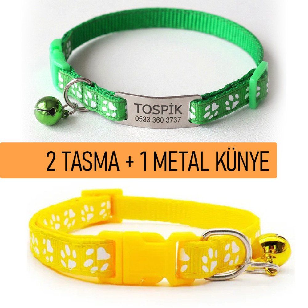 2'li Tasma ve Metal Künye Seti Sarı Yeşil Tasma Metal Künye