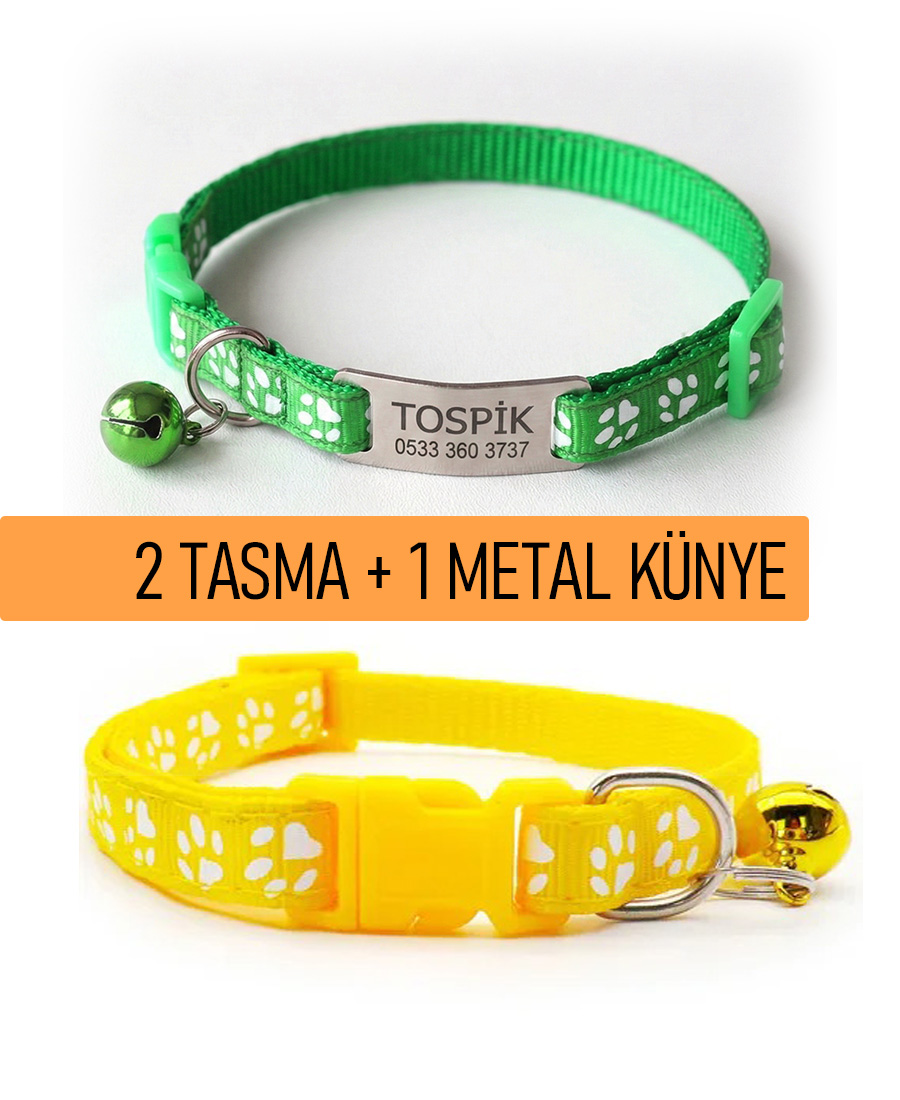 2'li Tasma ve Metal Künye Seti Sarı Yeşil Tasma Metal Künye