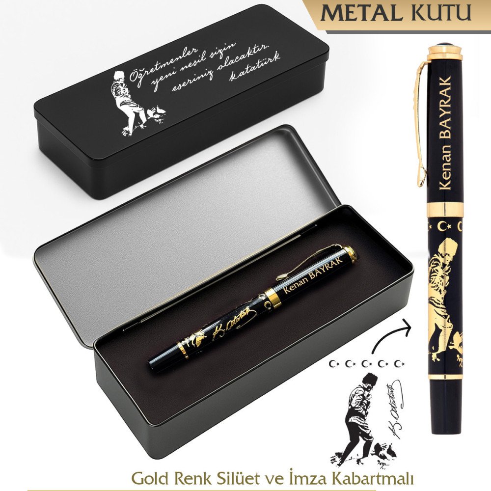 Metal Kutulu Atatürk Figürlü İmzalı Lüks Gold Altın Renk Roller Kalem