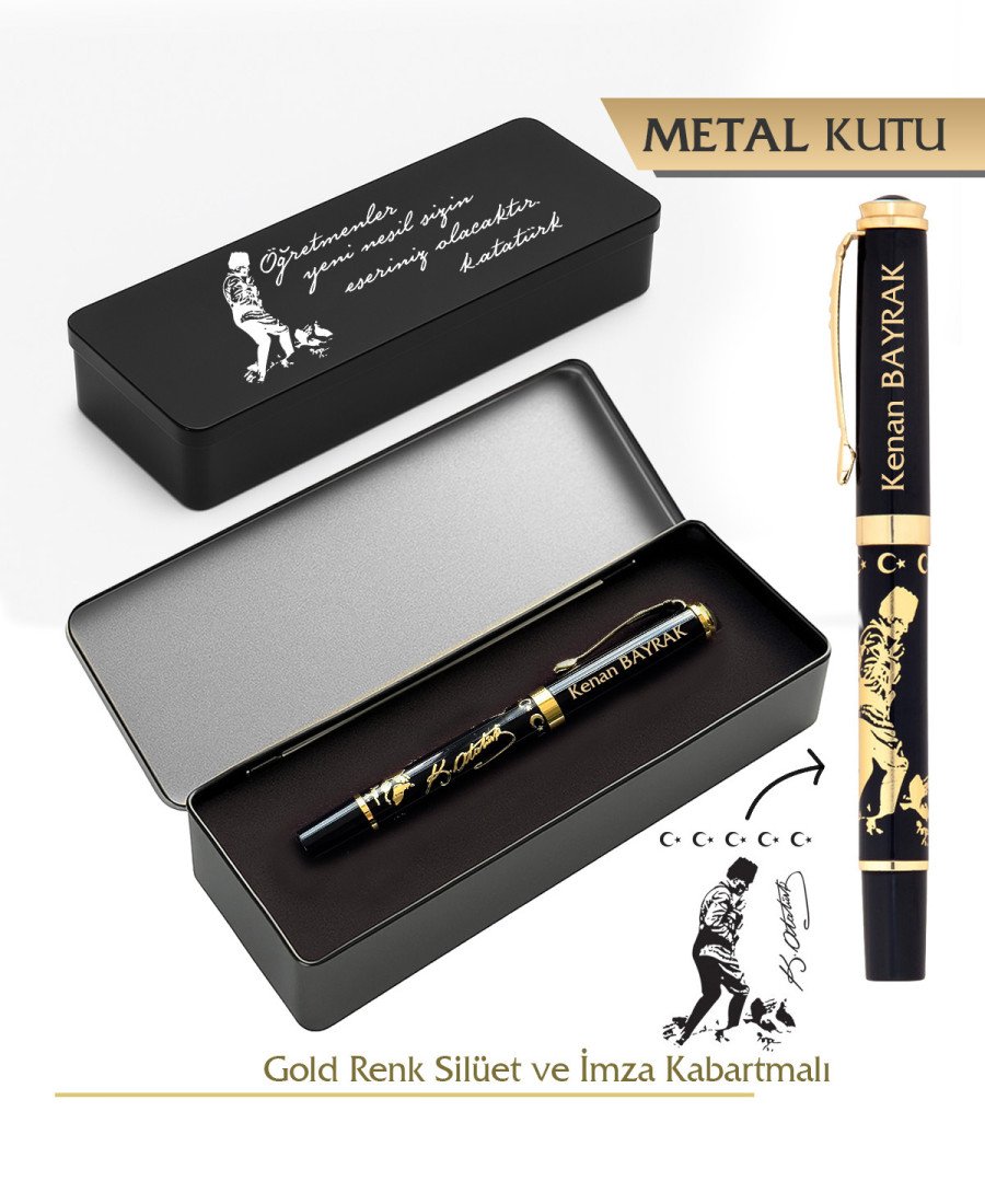 Metal Kutulu Atatürk Figürlü İmzalı Lüks Gold Altın Renk Roller Kalem
