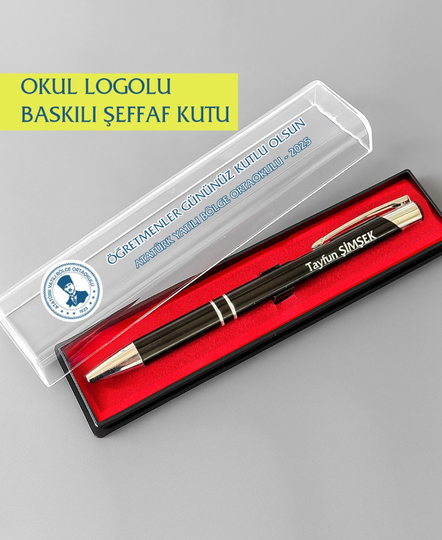 Adetli Şeffaf Kutu Baskılı Siyah Eko Metal Tükenmez Kalem İsme Özel 