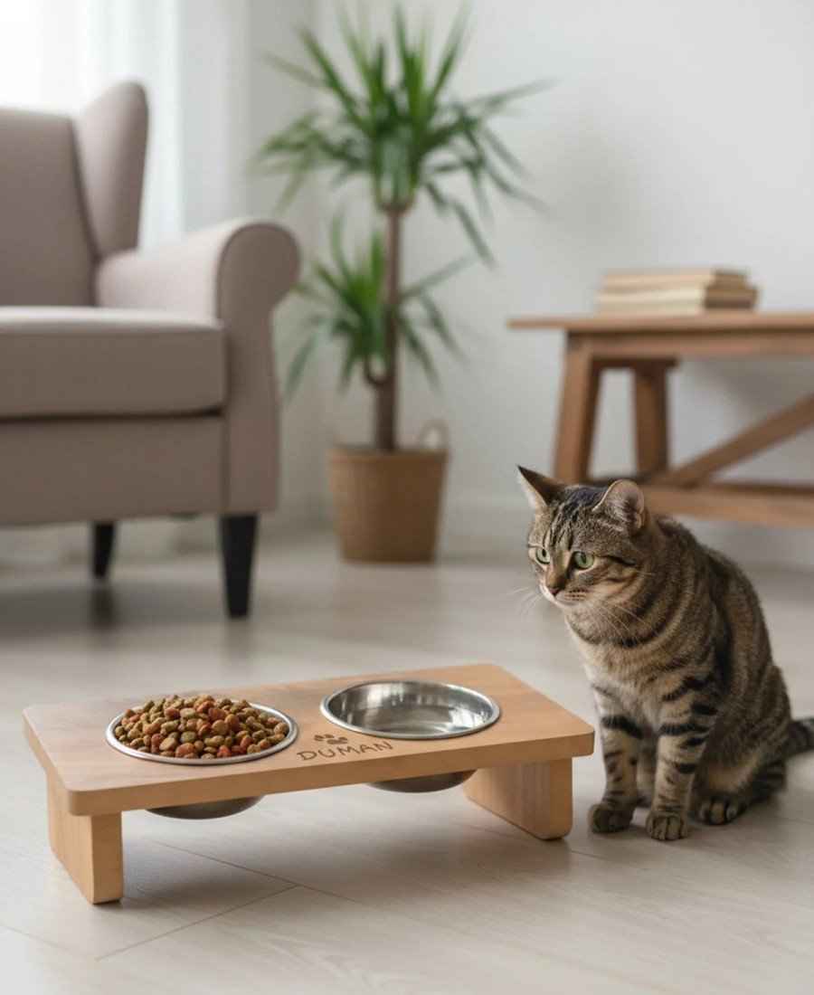 MDF Ahşap Mama Kabı Çelik Kaseli