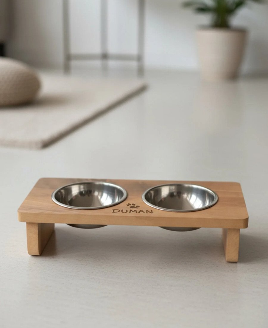 MDF Ahşap Mama Kabı Çelik Kaseli