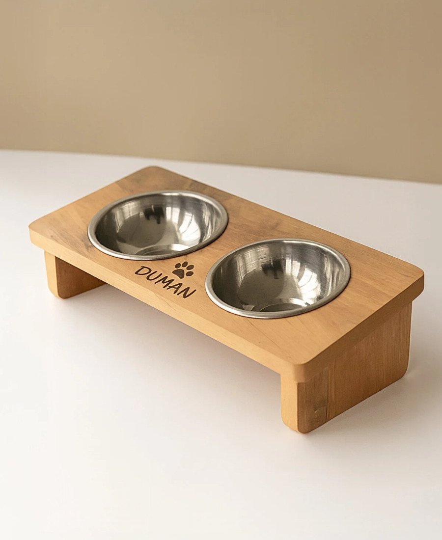 MDF Ahşap Mama Kabı Çelik Kaseli