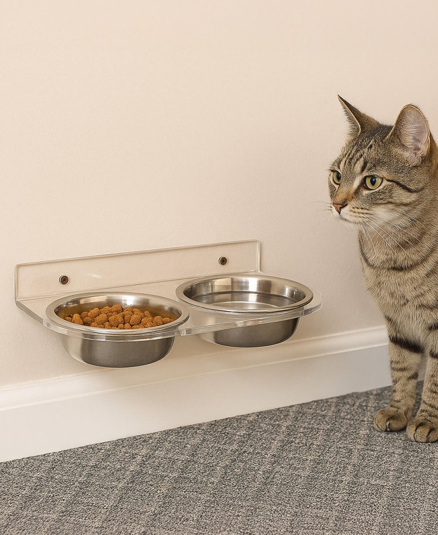 Şeffaf Pleksi Duvara Sabitlenen Mama Kabı İsme Özel