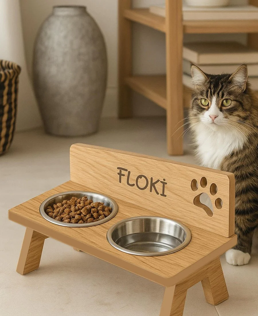 MDF Ahşap Mama Kabı İsme Özel Çelik Kaseli