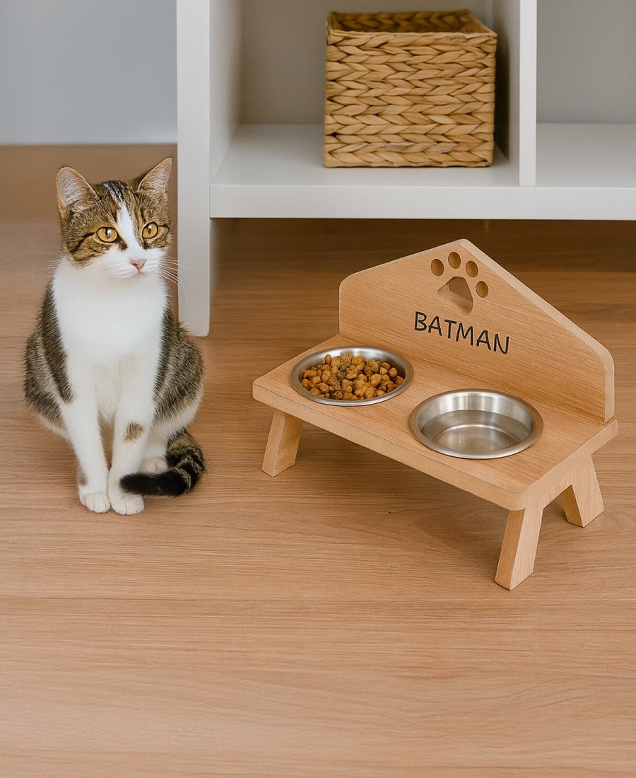 MDF Ahşap Mama Kabı İsme Özel Çelik Kaseli 2447