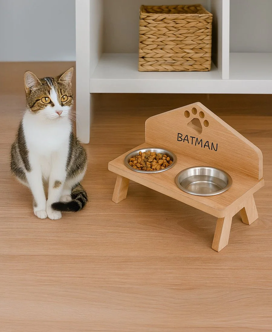 MDF Ahşap Mama Kabı İsme Özel Çelik Kaseli 2447