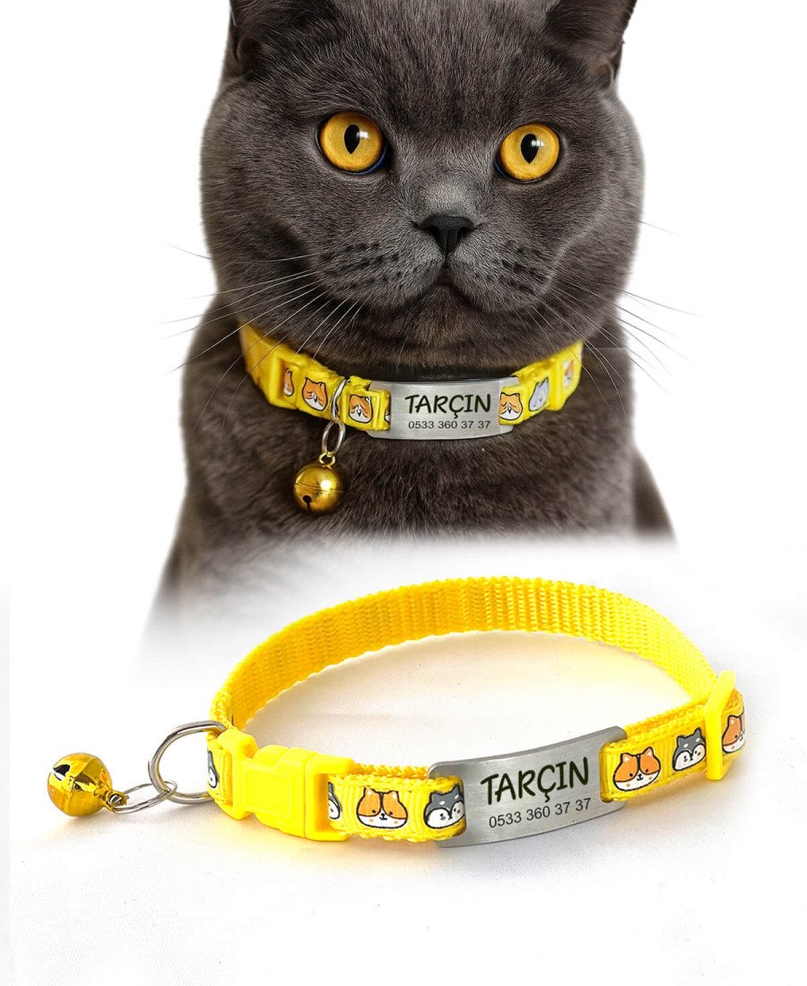 Sarı Kedi Kafası Desenli Metal Künye ve Tasma Sallanmayan Tasma