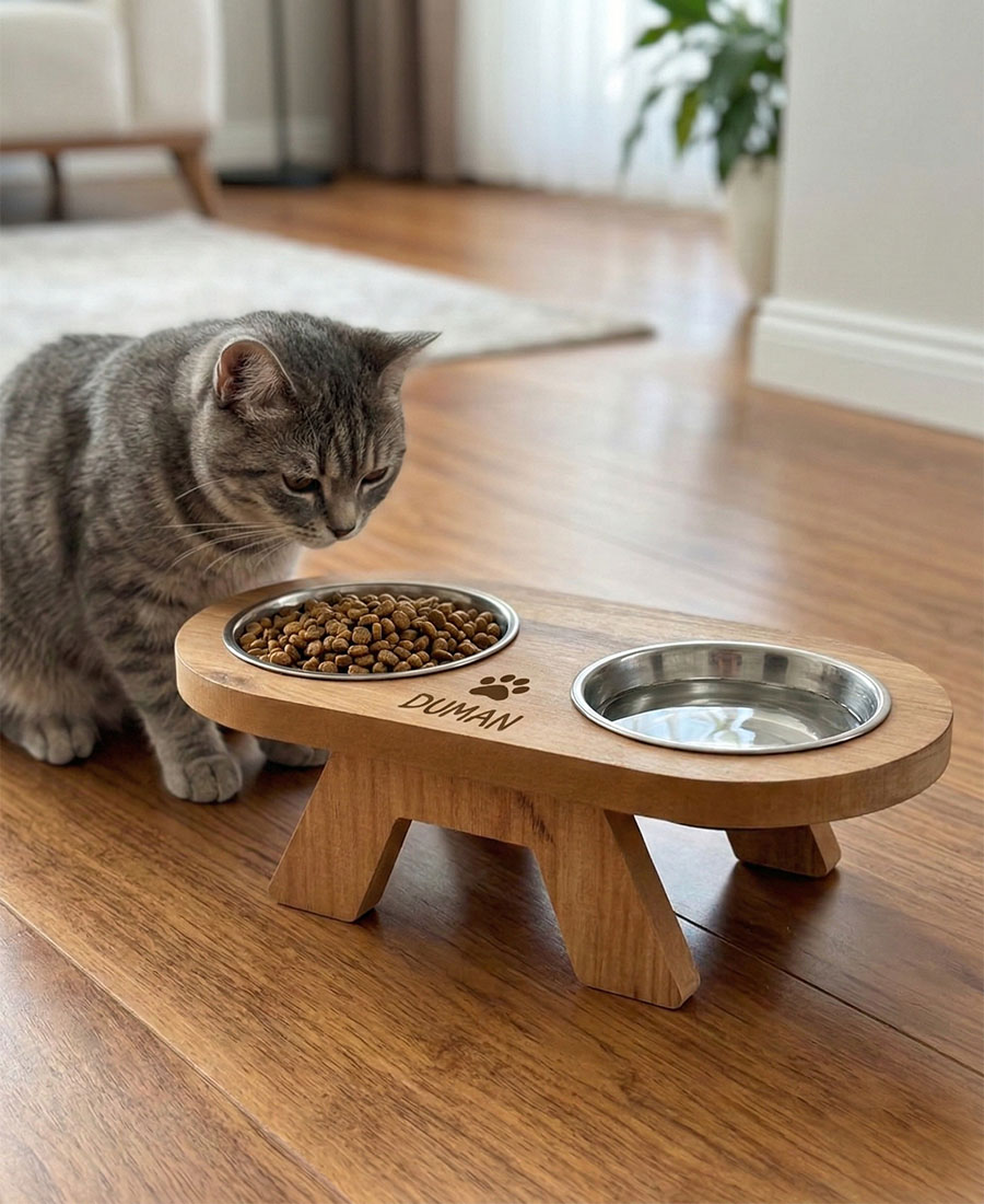 MDF Oval Ahşap Mama Kabı Çelik Kaseli