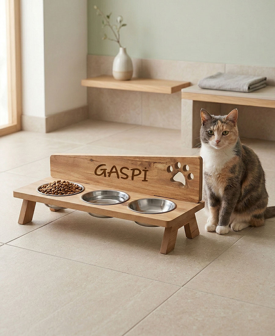 MDF Ahşap Üç Kaseli Mama Kabı 7861