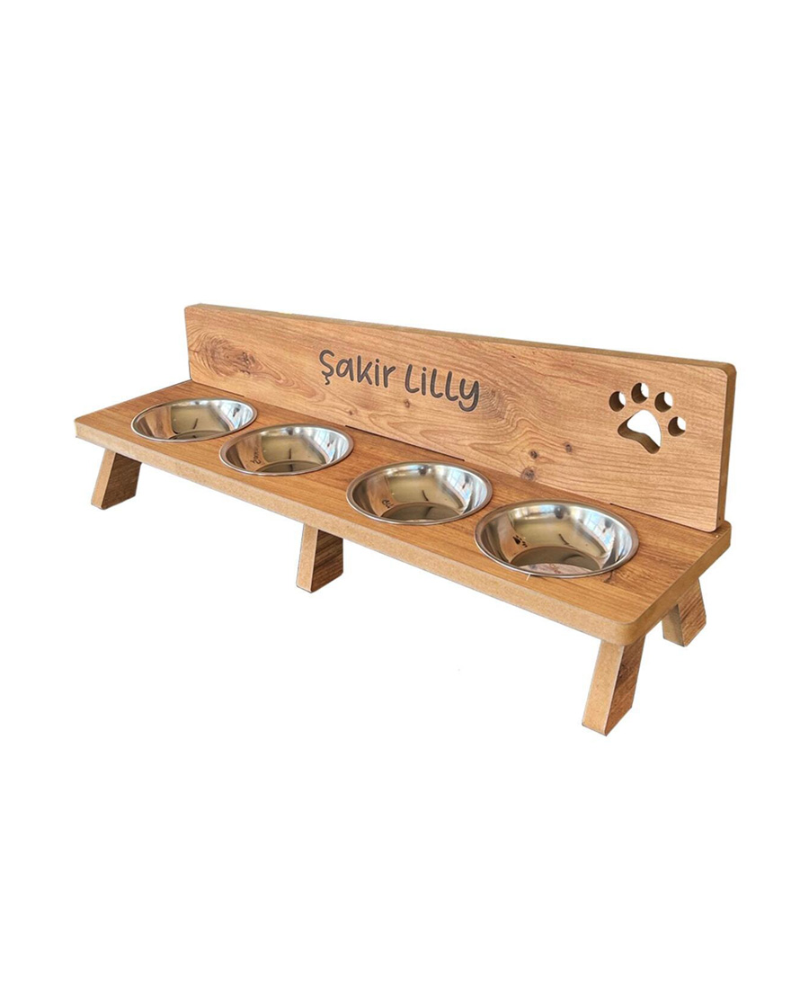 MDF Ahşap Dört Kaseli Mama Kabı 7444