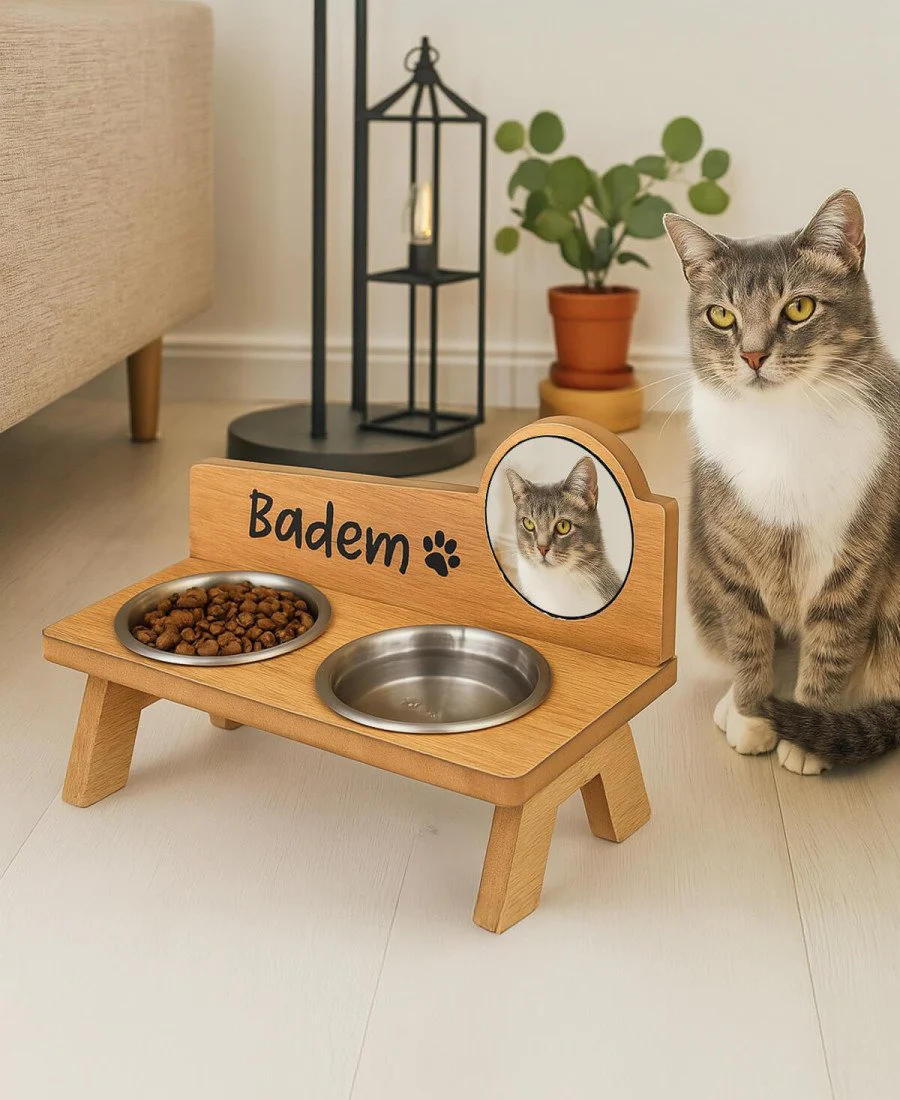 Fotoğraflı MDF Ahşap Mama Kabı İsme Özel Çelik Kaseli