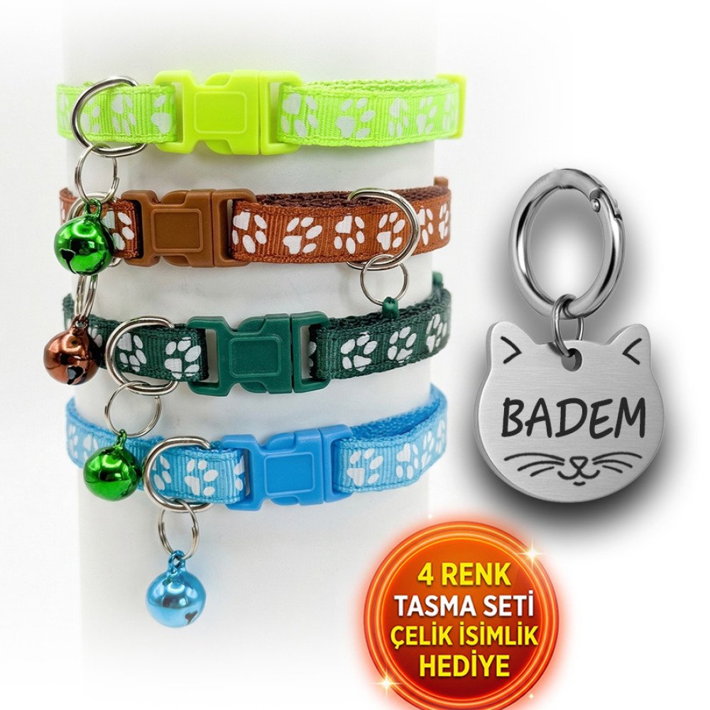 Künye Hediyeli 4 Renk Kedi Tasması Seti Pati Desen 2