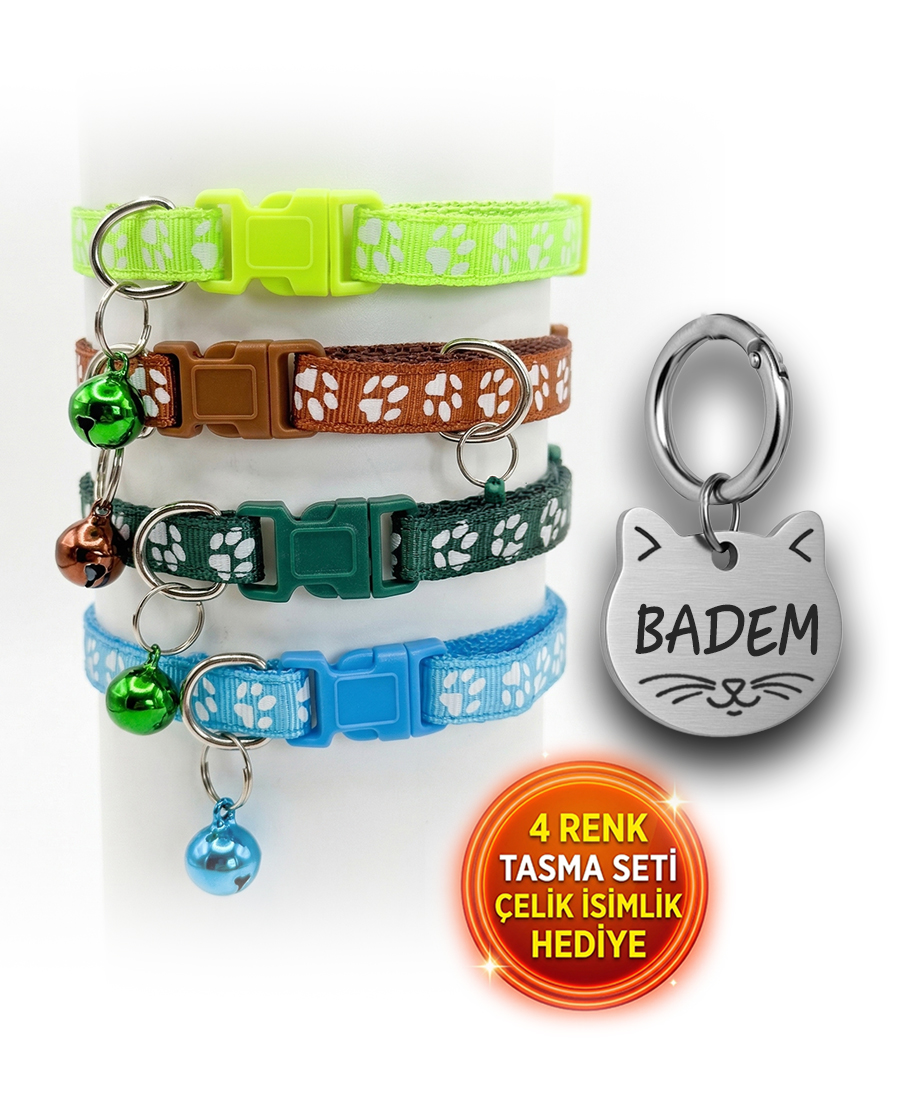 Künye Hediyeli 4 Renk Kedi Tasması Seti Pati Desen 2