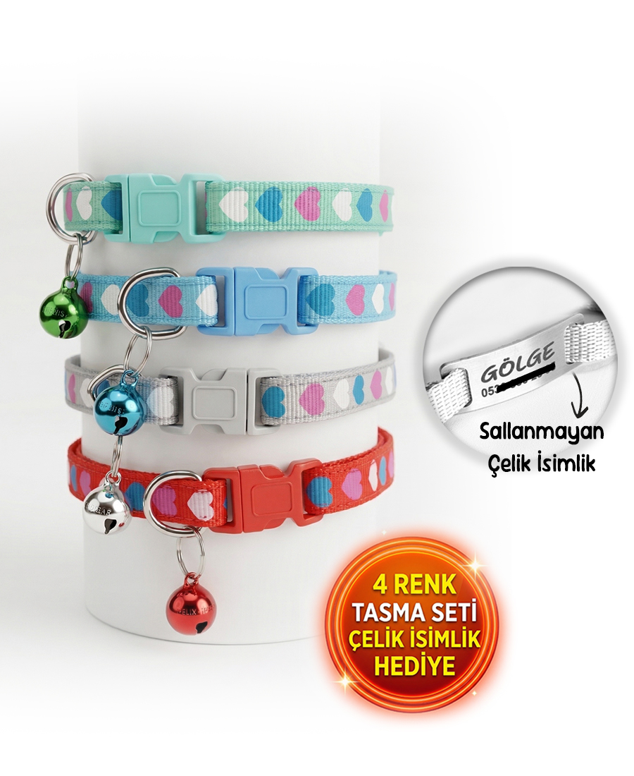 4 Renk Kedi Tasması Seti Çelik İsimlik Hediyeli Kalp Desen 1