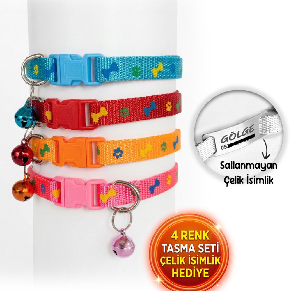 4 Renk Kedi Tasması Seti Çelik İsimlik Hediyeli Pati Desen 1