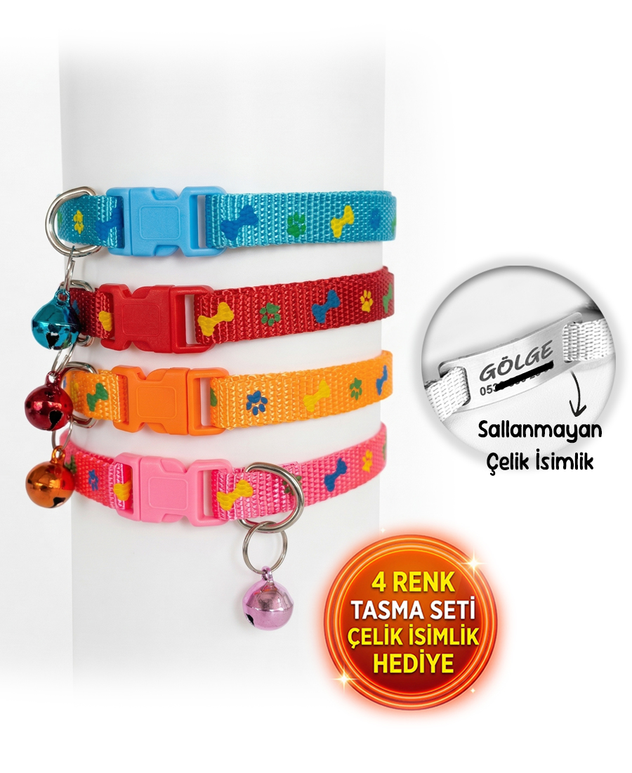 4 Renk Kedi Tasması Seti Çelik İsimlik Hediyeli Pati Desen 1